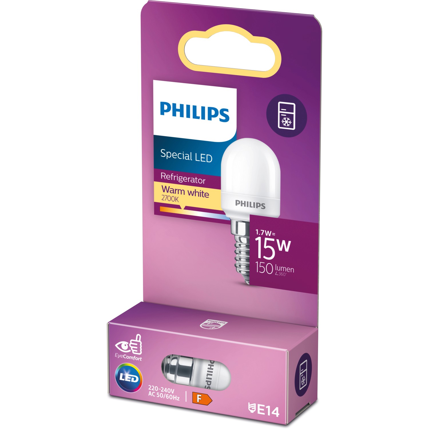 Philips LED-Lampe E14, 1,7W, warmweiß, 150lm, EEK F. Kompakte LED-Leuchte für Kühlschrank und Wohnbereich.
