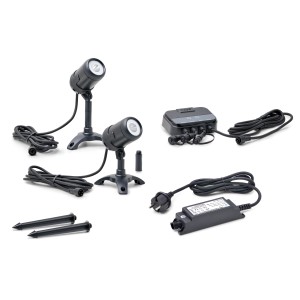 Oase LunAqua Connect Starter Set: 2 Teichleuchten, Controller, Netzteil und Erdspieße für Garten- und Teichbeleuchtung.