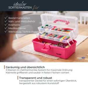 HMF STK901-03 Nähkasten Mit 3 Ebenen Sortierbox Pink 365x205x160 mm Für Nähzubehör Und Handarbeitsmaterial