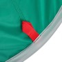 Detailaufnahme: Seegrünes Strandzelt mit roter Schlaufe und silberner Umrandung.