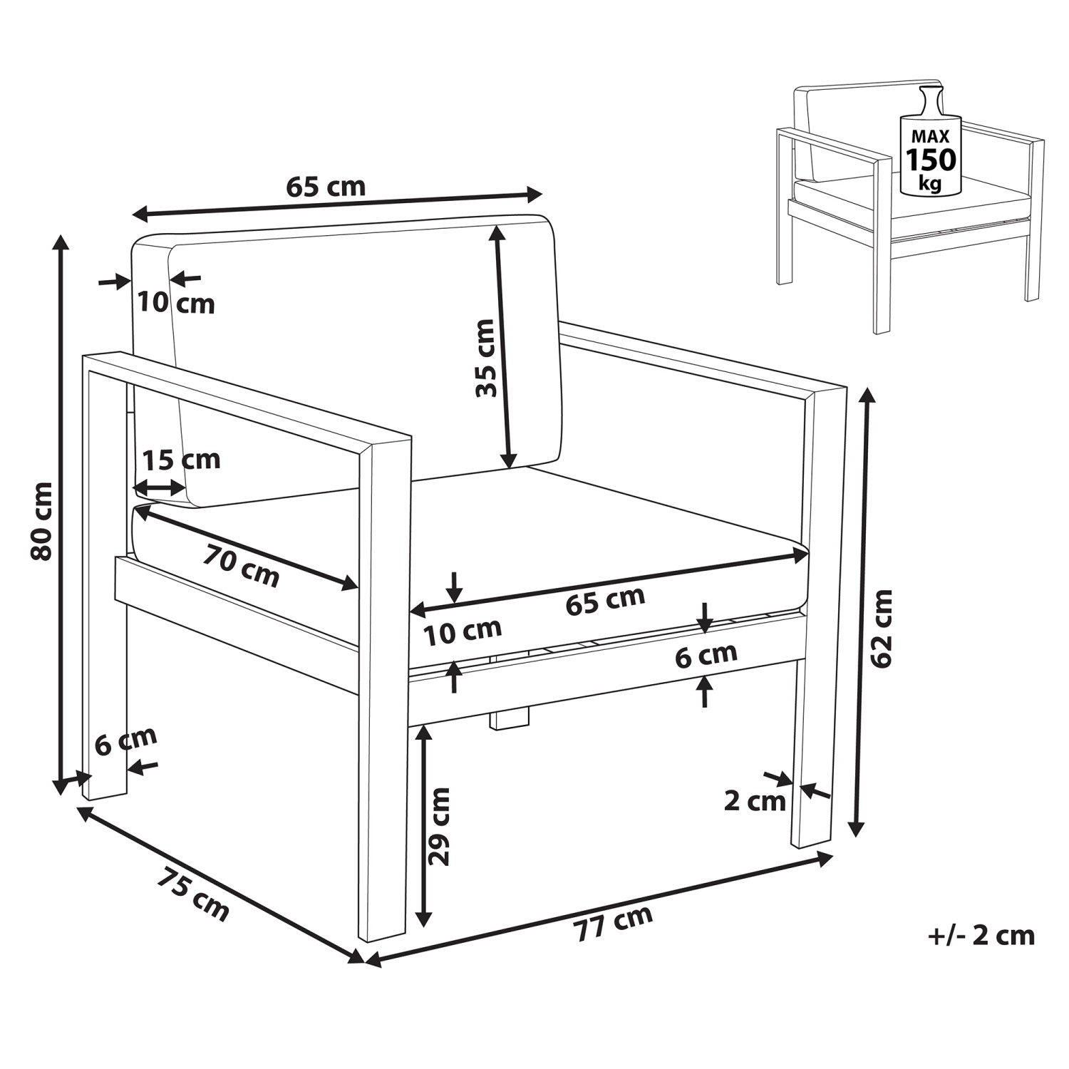Skizze Beliani Gartenstuhl Grau 70x77x80 mit Maßen. Ideal für Garten oder Terrasse.