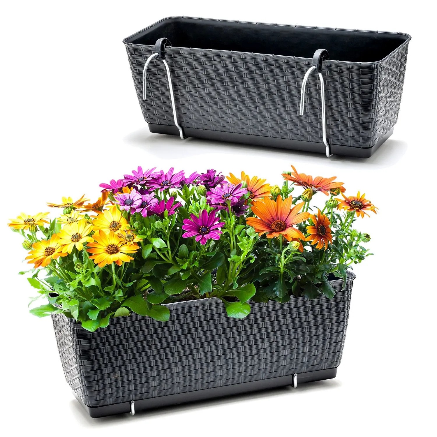 BigDean 2er Set Blumenkästen für Balkon Geländer Rattan Optik Anthrazit Balkonkästen mit Metall Halterung 39 x 15,5 x 14 cm inkl. BigDean 2er Set Blumenkästen für Balkon Geländer Rattan Optik Anthrazit Balkonkästen mit Metall Halterung 39 x 15.5 x 14 cm inkl Bewässerungssystem