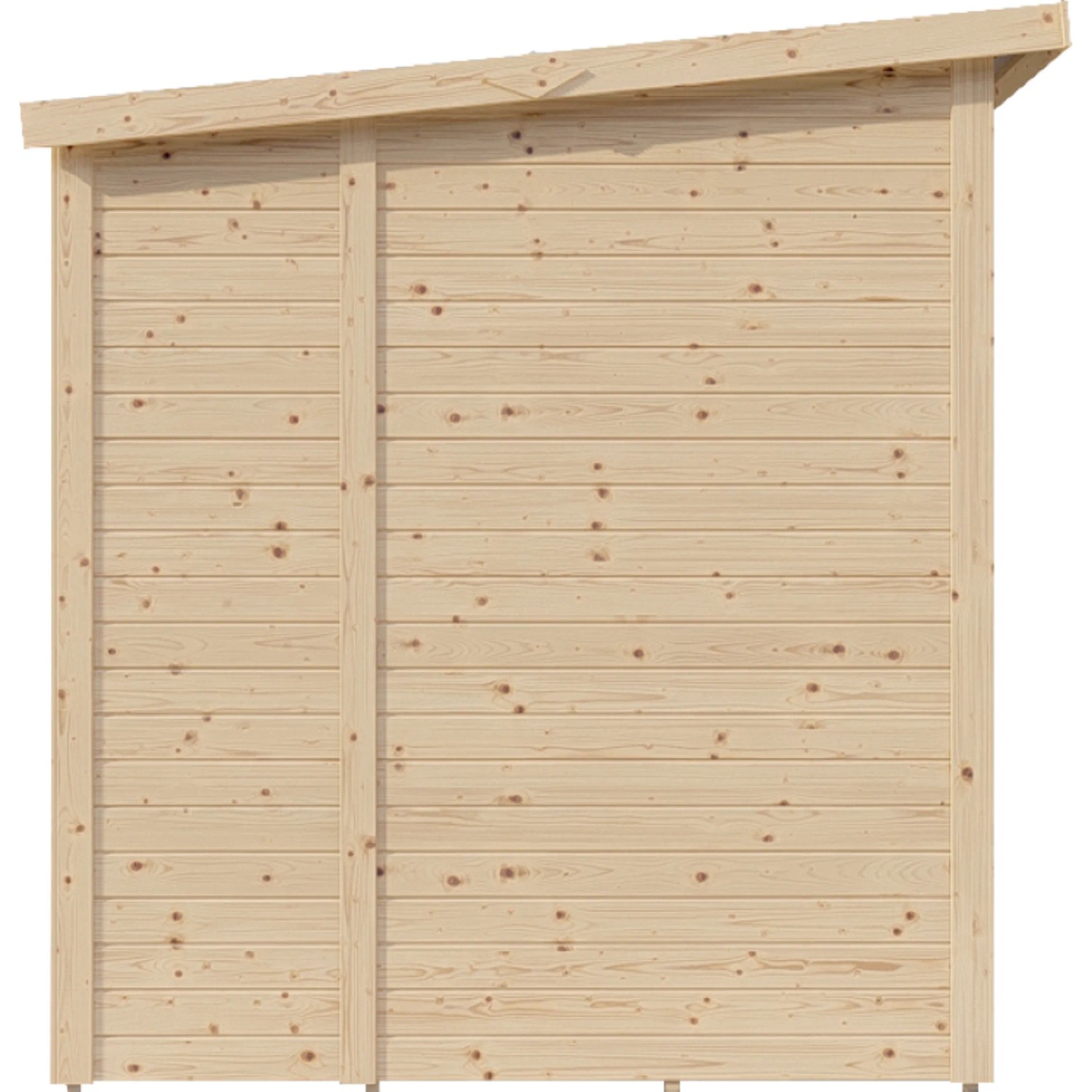 Detailansicht des unbehandelten Bertilo Holz-Gartenhauses mit Pultdach, 386x180 cm.