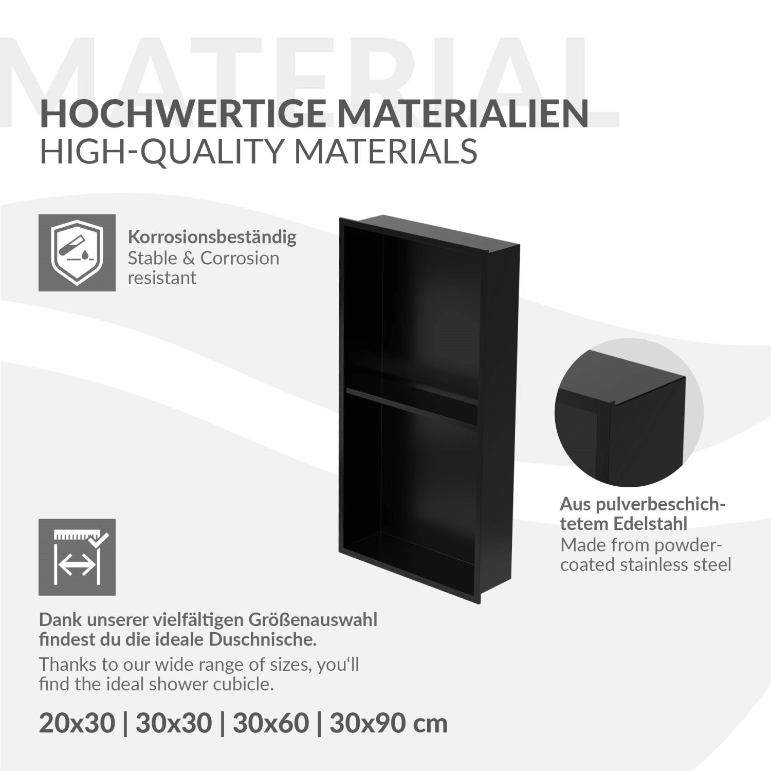 Schwarze LuxeBath Wandnische Doppel aus Edelstahl, 30x60x10cm, für Dusche.
