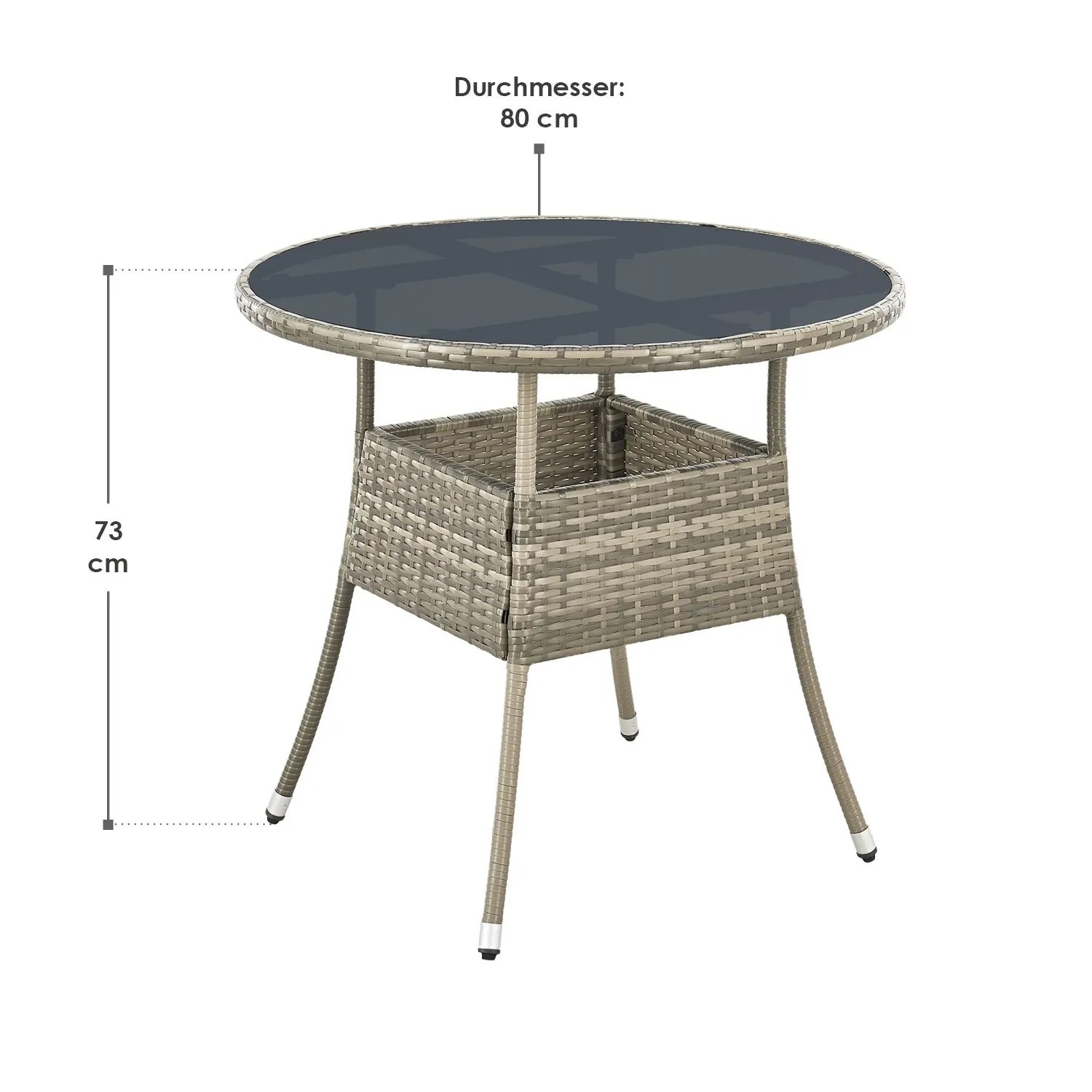 Runder, grauer Polyrattan Gartentisch Yoro (Ø 80cm) mit Glasplatte für den Garten.