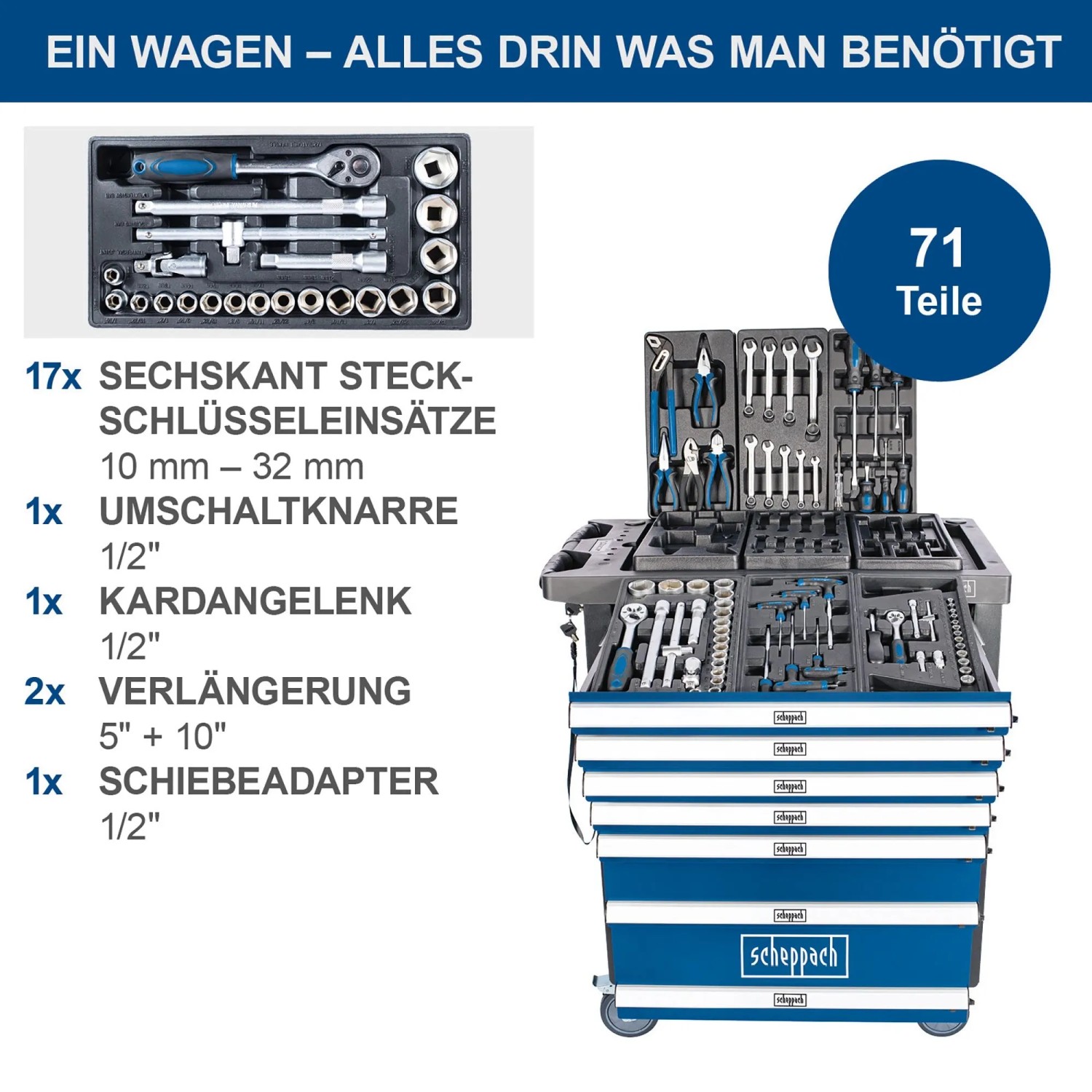 Scheppach Werkstattwagen TW1100 mit 71-teiligem Werkzeugset, blau-weißer Wagen mit Werkzeug.