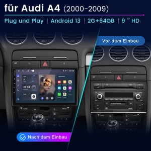 Junsun 9 Zoll Autoradio im Audi A4: Vorher-Nachher-Vergleich mit modernem Touchscreen-Display.