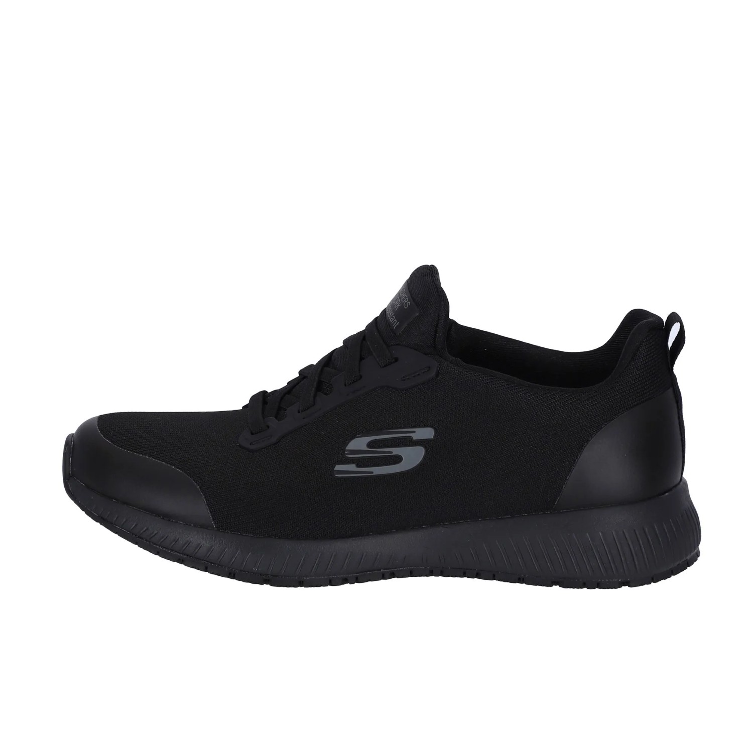 Schwarze Skechers Squad SR Damen Arbeitsschuhe. Sneaker mit S-Logo, rutschhemmender Sohle und No Tie Fit.