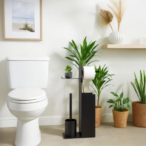 Relaxdays WC Garnitur Eisen Kunststoff Schwarz Freistehend mit Ersatzrollenhalter 67 cm x 22 cm x 12 cm 2,2 kg