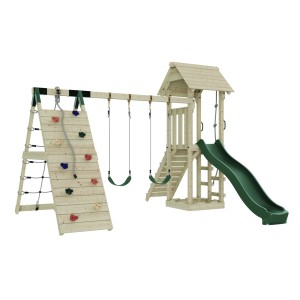 OutdoorToys Spielturm Kiruna mit Doppelschaukel, Kletterwand und Rutsche.