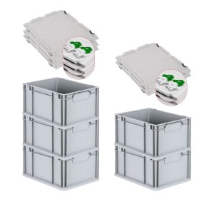 PROREGAL Spar Set: 5 graue Euroboxen mit Deckel und grünen Verschlüssen, 20 Liter.