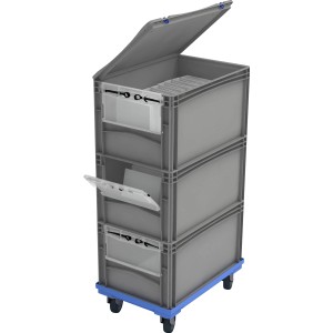 Eurobox-System Tauro Stautower mit Rollwagen und 3 grauen Boxen (60x40 cm).