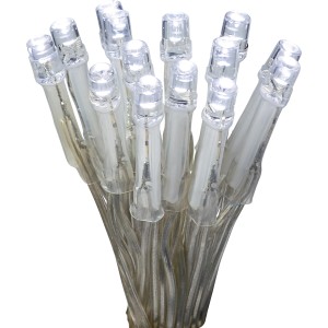 LED-Lichterkette mit 140 kaltweißen LEDs und transparentem Kabel in Kunststoffbox.