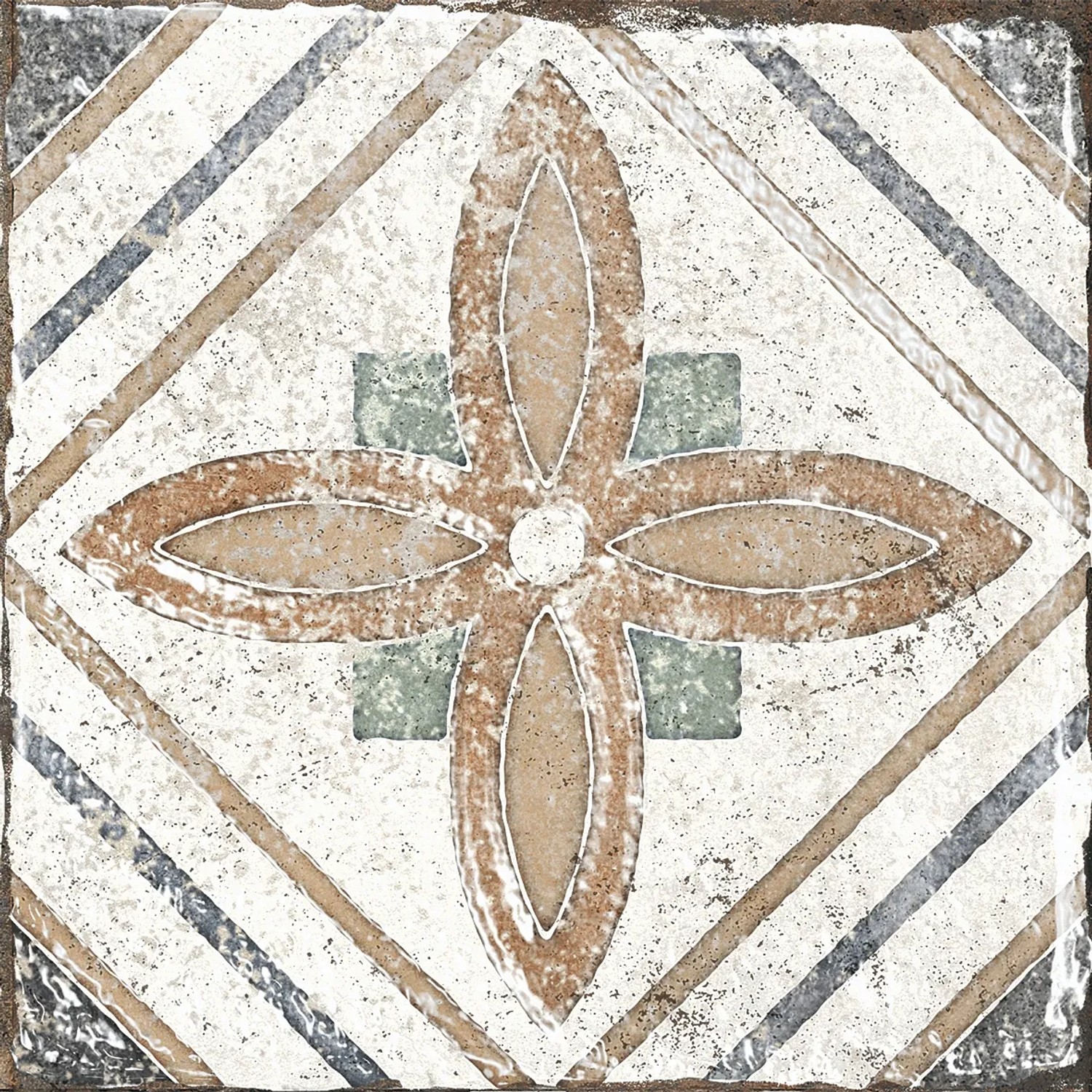 Quadratische, matte Bodenfliese aus Feinsteinzeug, 20x20 cm, mit floralem Muster und Streifen.