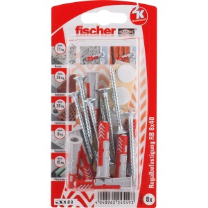 Fischer DuoPower Dübel 8x40 mm, 8 Stück mit Schrauben und Aufklebern, geeignet für verschiedene Baustoffe.