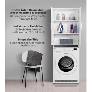 mokebo Waschmaschinenschrank in Weiß über Waschmaschine mit Regalfächern für Badutensilien.