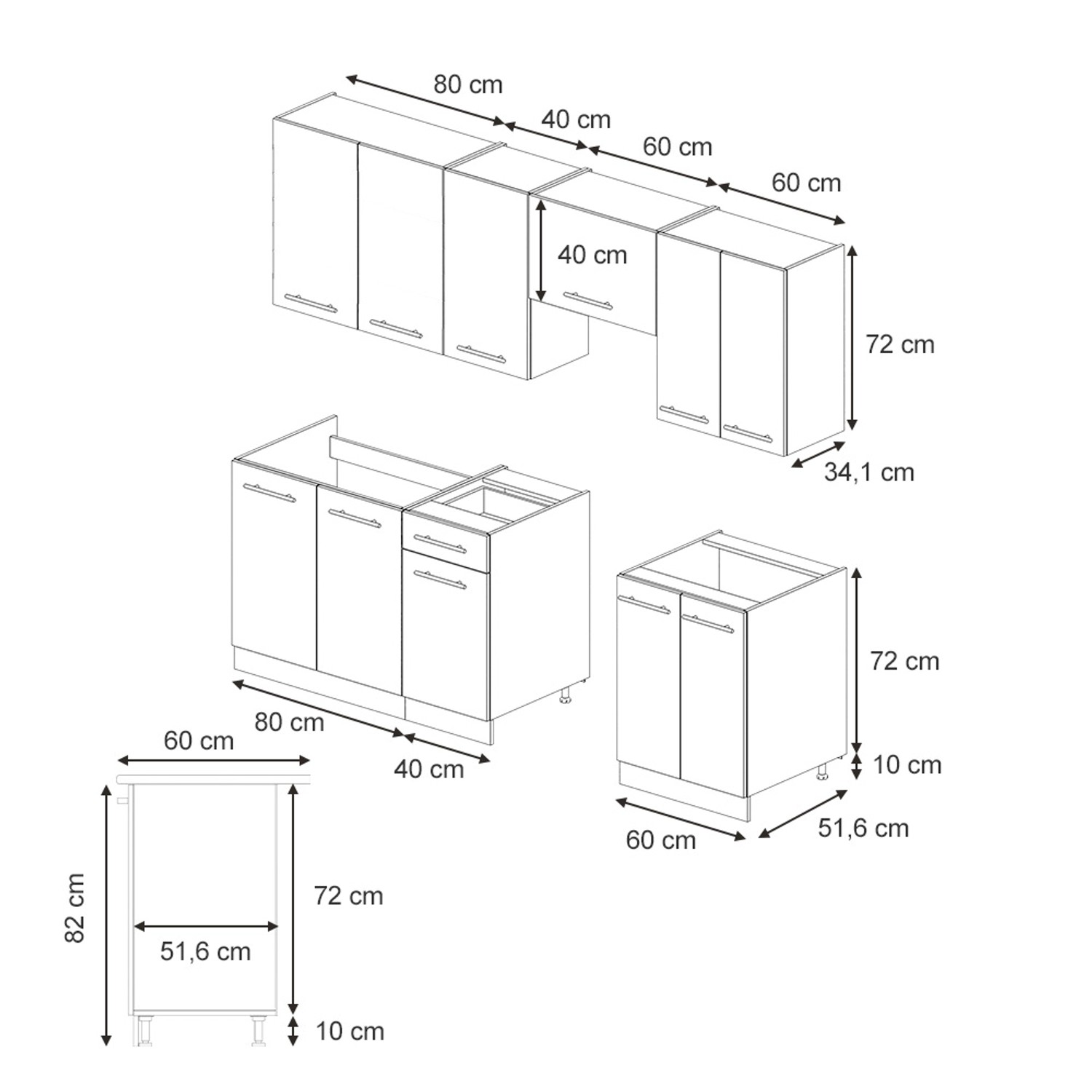Skizze der Vicco Fame-Line Küchenzeile 240 cm in GrauBeige/Anthrazit und Eiche Dekor mit Maßangaben.
