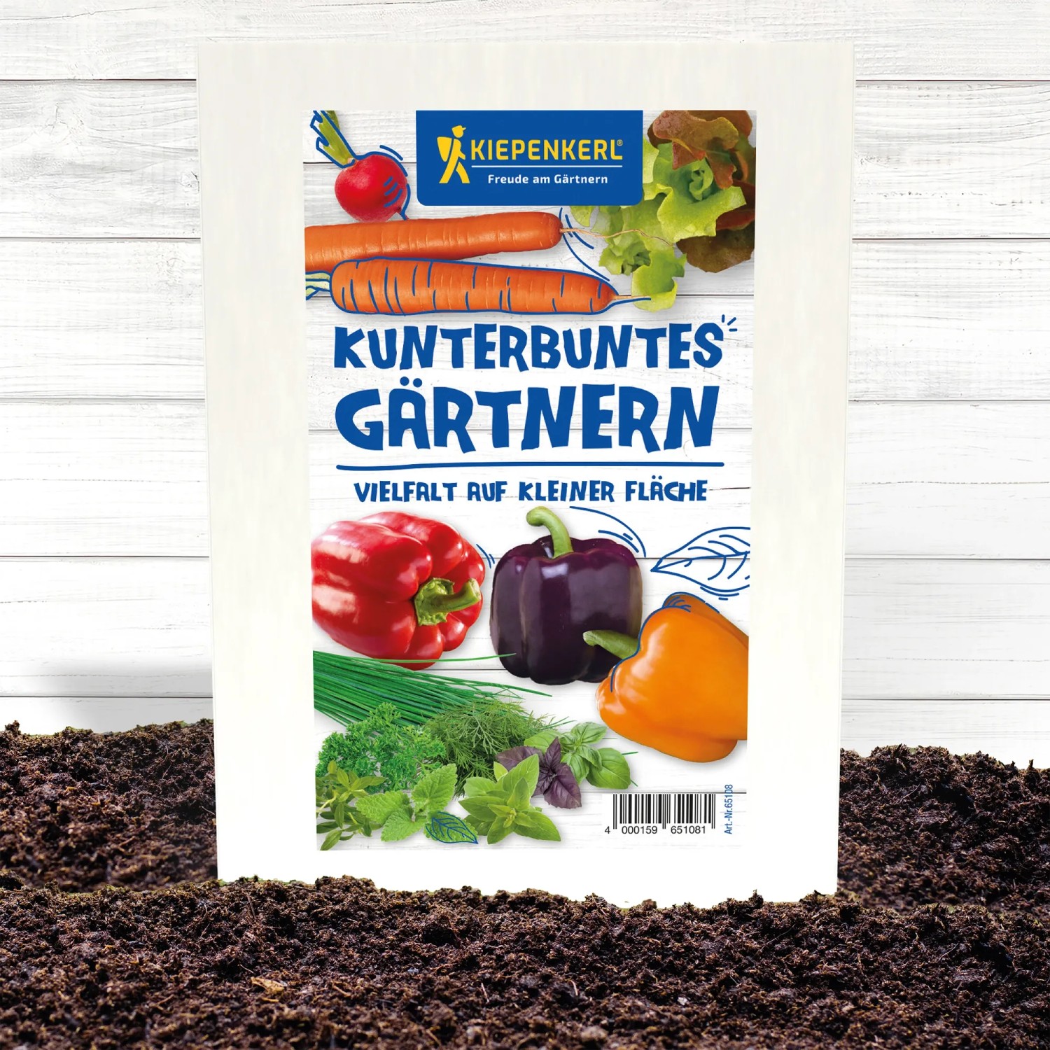 Gemüsesamen-Set 'Kunterbuntes Gärtnern' von Kiepenkerl mit Radieschen, Möhren, Paprika und Kräutern.