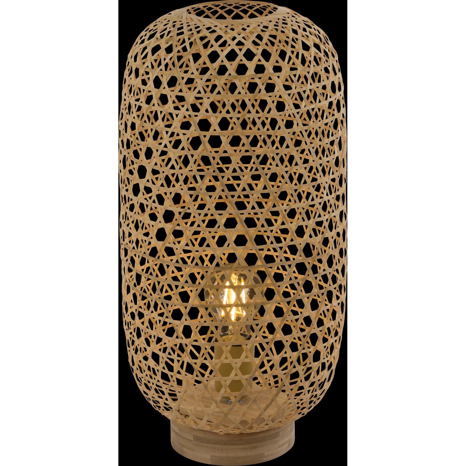Globo Tischlampe Mirena aus Bambusgeflecht, naturfarben, mit sichtbarem Leuchtmittel.