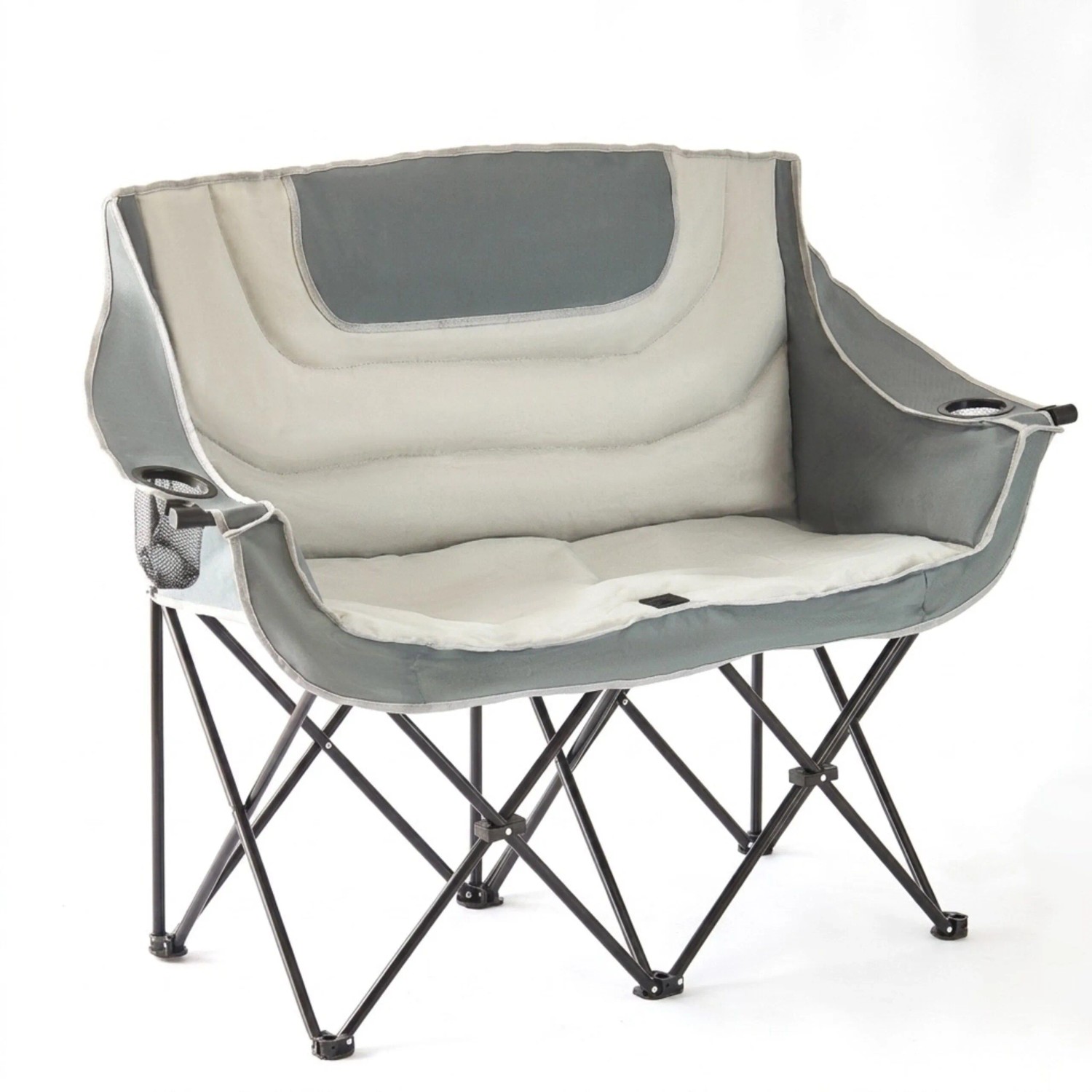Relaxdays Campingbank Stahl Polyester Grau Faltbar Gepolstert Mit Armlehnen Mit Getränkehalter für 2 Personen 95 cm x 139 cm x 53 cm