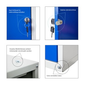 Details des PROREGAL Schließfachwürfels Cubic: Schloss, Schlüssel, Schraube, verstärkte Ecke.