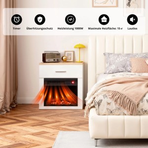 HOMAVO Elektrokamin mit Nachttisch, 1000W, mit simulierten Flammen im Schlafzimmer.