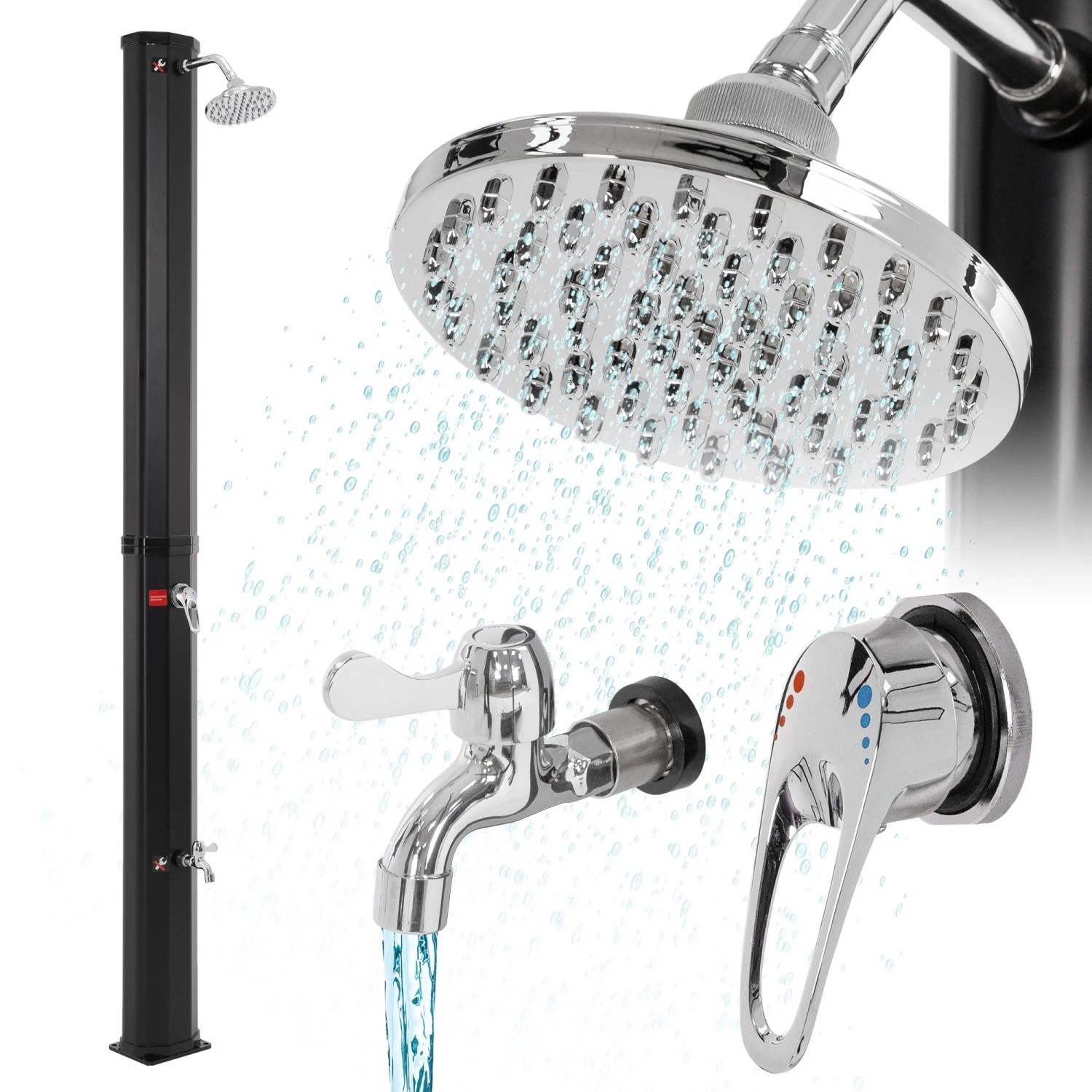 Schwarze ECD Germany Solardusche 35L mit Regenduschkopf und Fußdusche für Garten und Camping.