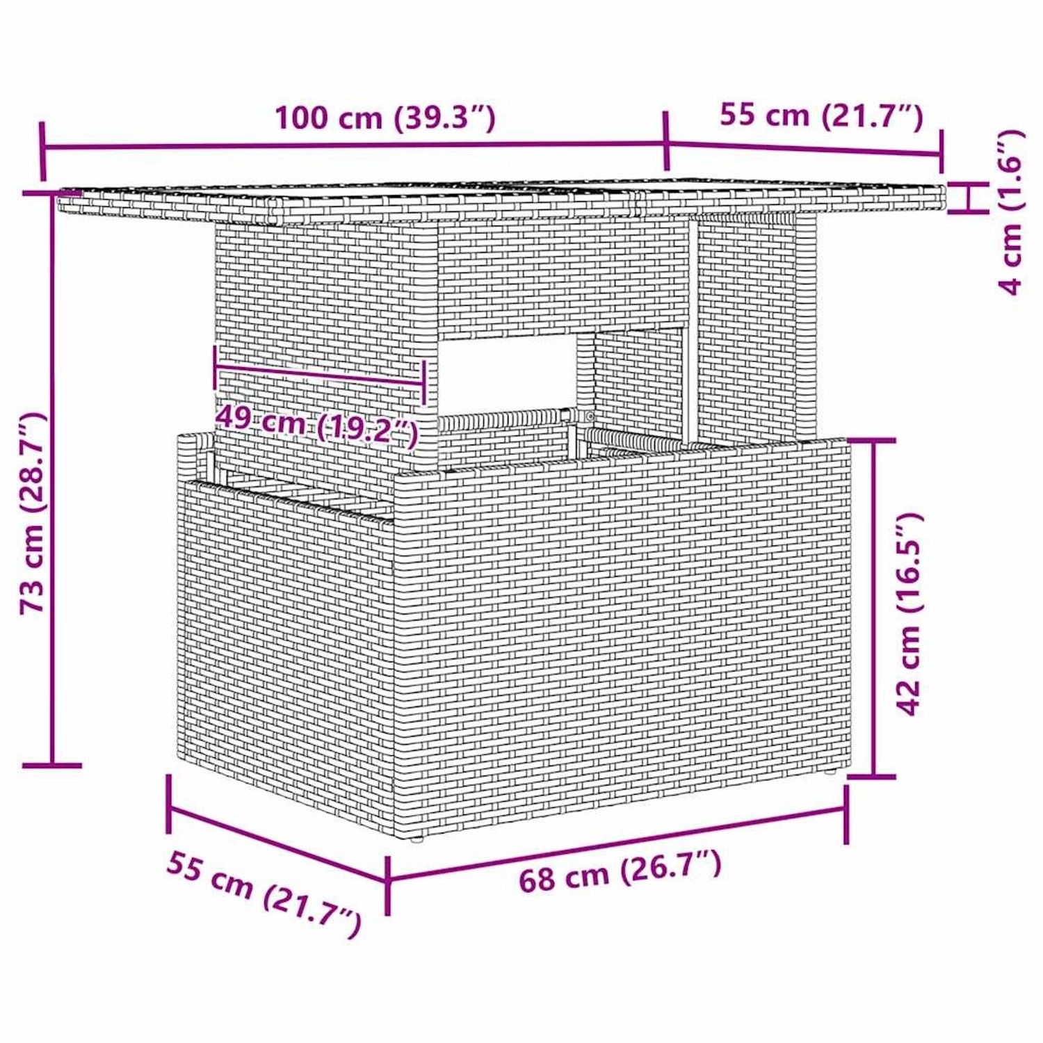 Skizze eines beigen vidaXL Garten-Bar-Sets aus Rattan mit Maßangaben.