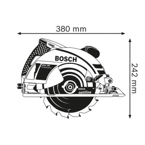 Bosch Professional Handkreissäge GKS 190, Seitenansicht mit 190 mm Sägeblatt und Maßen 380x242 mm.