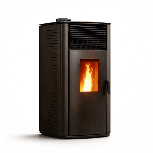 Schwarzer Sannover Pelletofen Anita 15 kW mit Flamme im Sichtfenster.