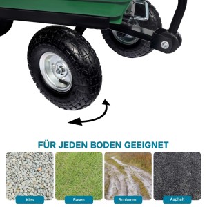 Detailaufnahme: Lenkbare Achse und Reifen des Wiltec Gartenwagens für verschiedene Untergründe.