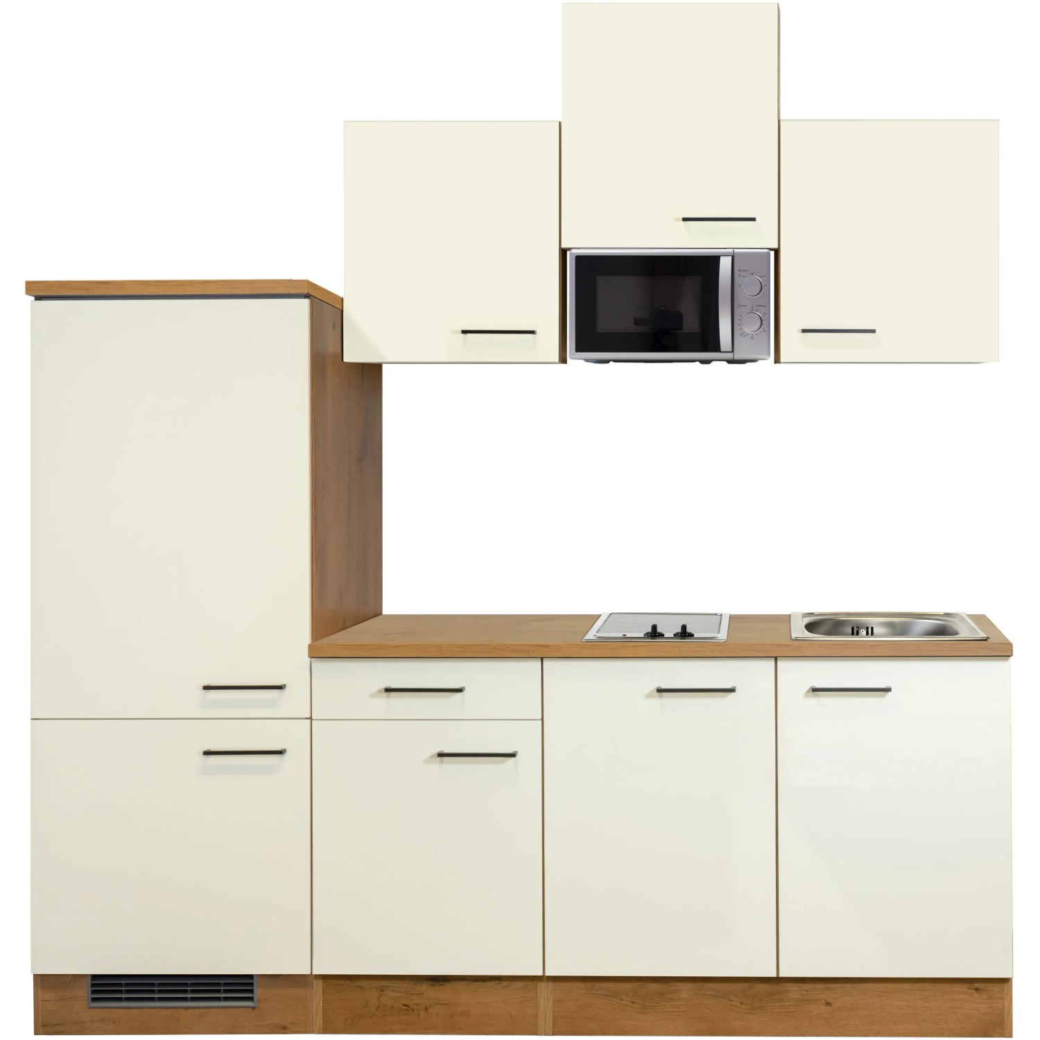 Flex-Well Küchenzeile Vintea 210 cm in Magnolia/Lancelot Oak mit E-Geräten wie Kühlschrank und Mikrowelle.