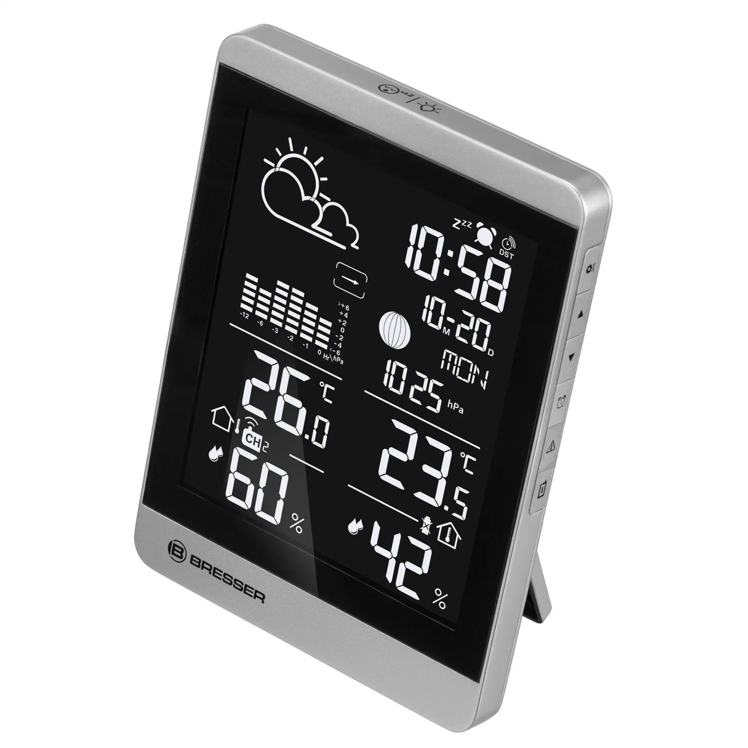 Bresser Funk-Wetterstation ClimateTemp NDV-NEO in Silber-Schwarz mit Displayanzeige.