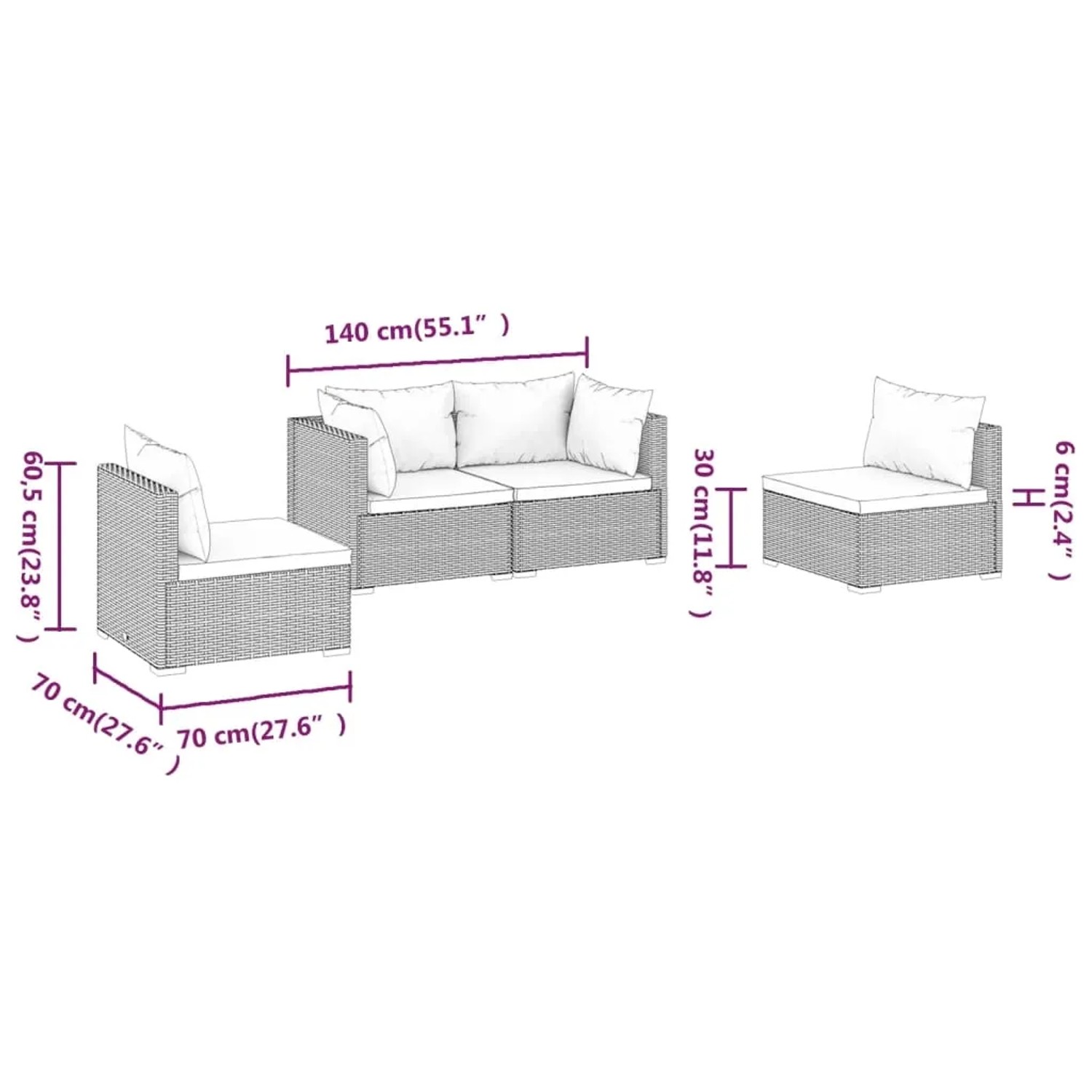 vidaXL 4-tlg. Gartenlounge-Set Grau mit Maßen. Gartenmöbel aus Polyrattan mit Kissen.