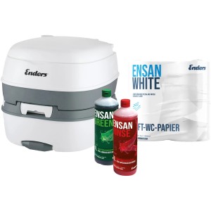 Enders Campingtoiletten Starter-Set WC Deluxe Green mit Toilette, Sanitärflüssigkeit und WC-Papier.
