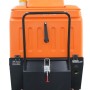 DeTec. Aufsitz Kehrmaschine, orange-schwarz, mit Warnleuchte und Griff. Akku-Bodenreinigungsmaschine für Flächen.
