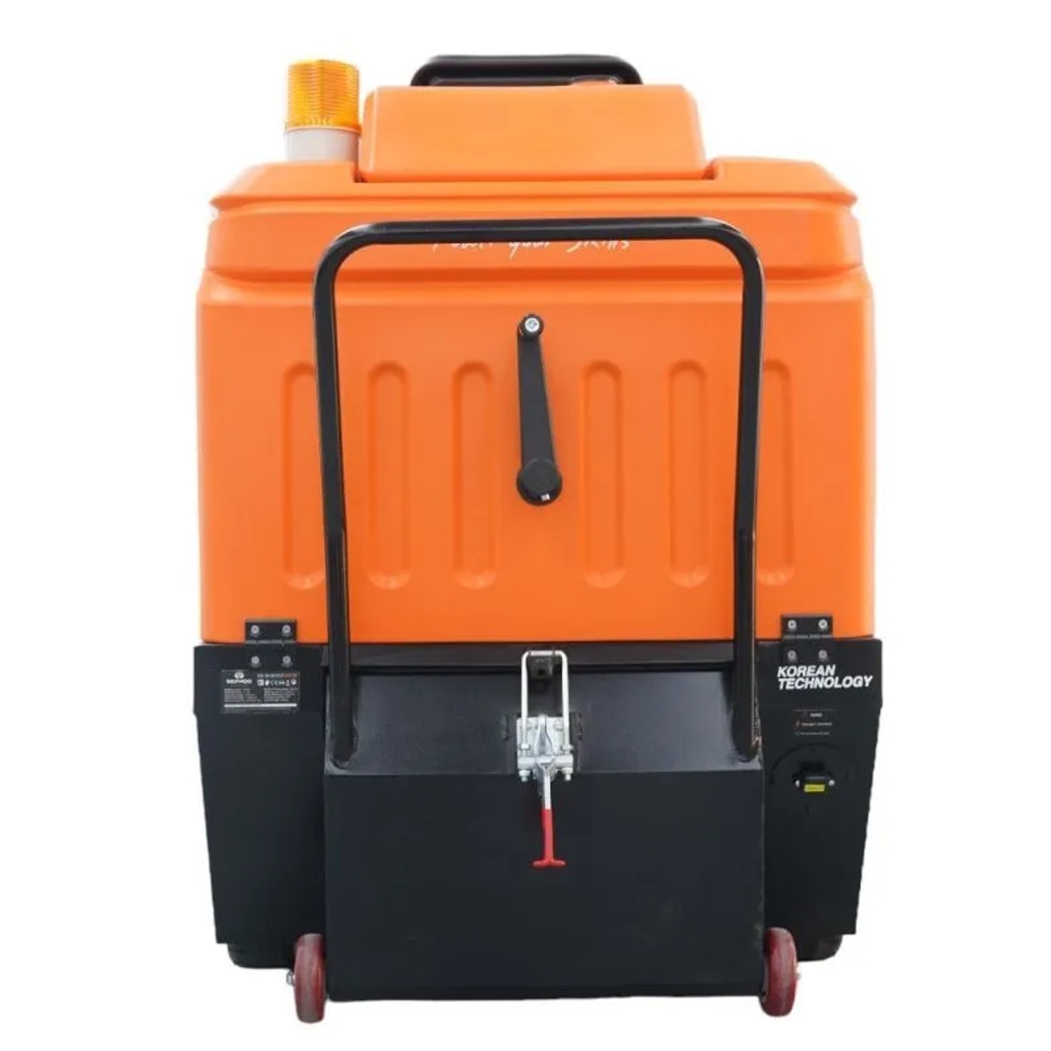 DeTec. Aufsitz Kehrmaschine, orange-schwarz, mit Warnleuchte und Griff. Akku-Bodenreinigungsmaschine für Flächen.