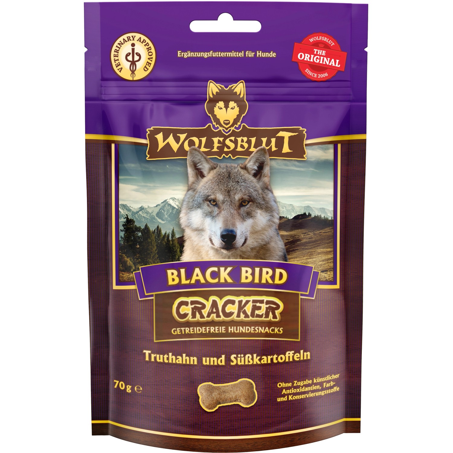 Wolfsblut Hundesnack Cracker Black Bird, 70g Packung. Getreidefreie Hunde-Natursnacks mit Truthahn und Süßkartoffel.