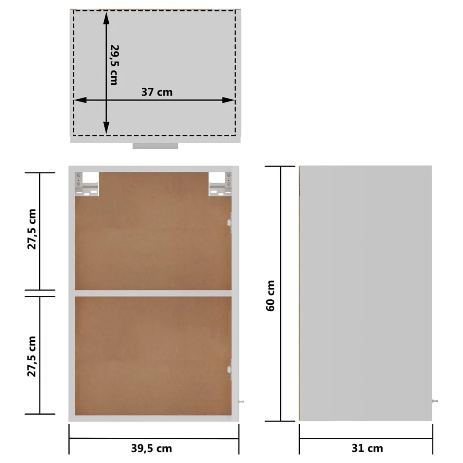 vidaXL Hängeschrank, weiß, 39,5x31x60 cm, aus Holzwerkstoff, mit Maßen und Ansichten.