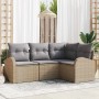 Beiges 4-teiliges Garten-Sofa-Set aus Poly Rattan mit grauen Kissen.