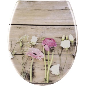 WC-Sitz Blumig mit Absenkautomatik, Dekor mit Blumen auf Holzoptik.