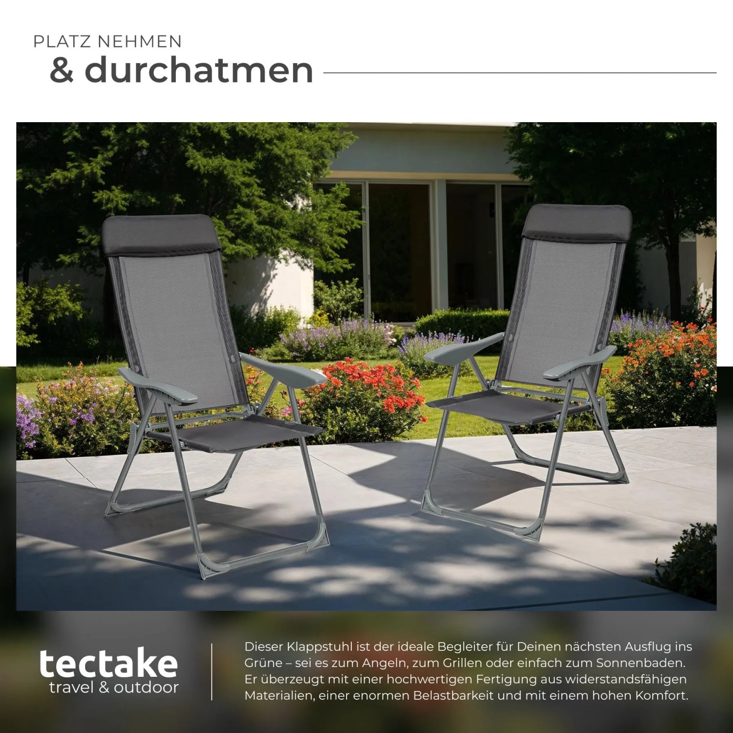 Zwei anthrazitfarbene Tectake Aluminium Gartenstühle (4er Set), klappbar, auf Terrasse. Wetterfest, UV-beständig.