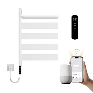 Weißer, drehbarer Emke Elektro-Handtuchhalter mit Ablage, App- und Sprachsteuerung.