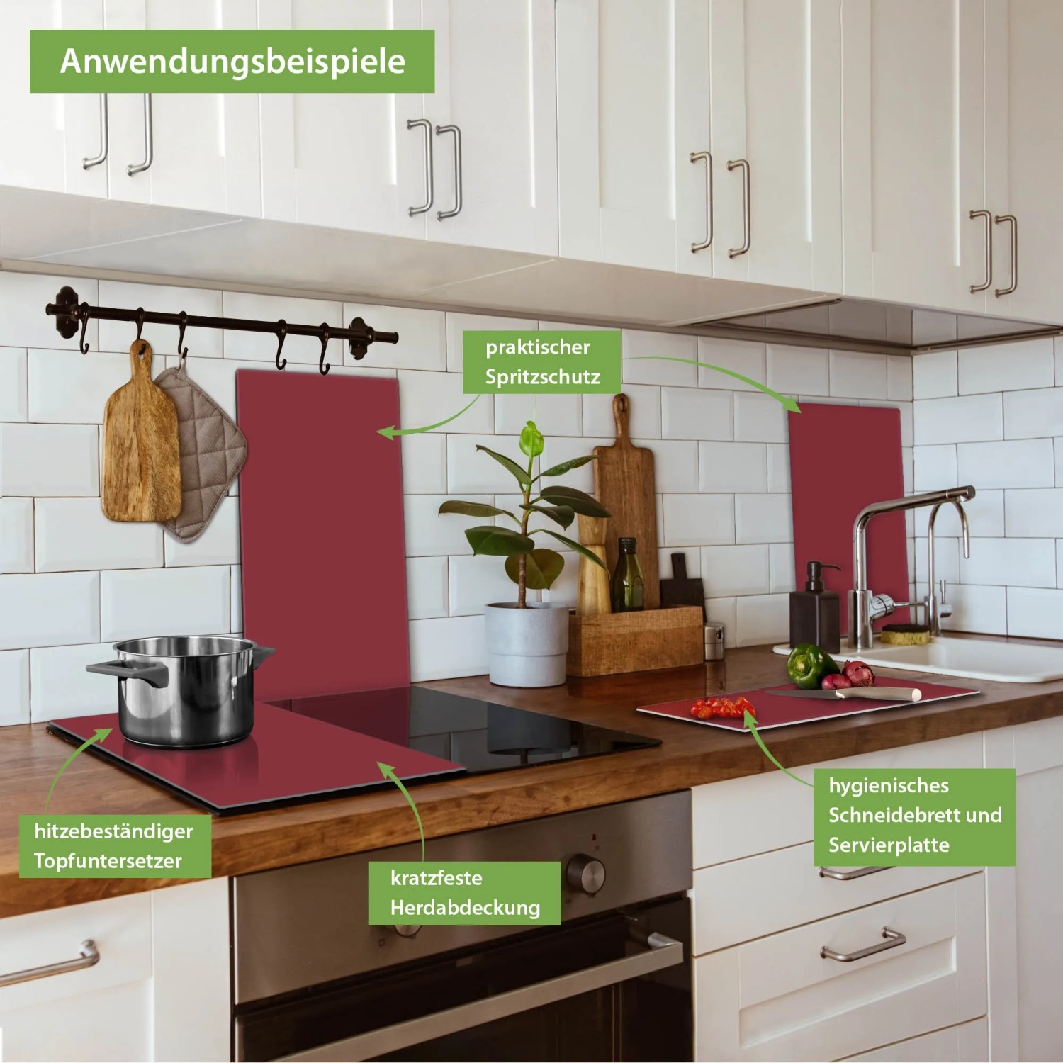 Burgunderrote Banjado Herdabdeckplatten aus Glas (2-teilig) als Schneidebrett und Spritzschutz in Küche.