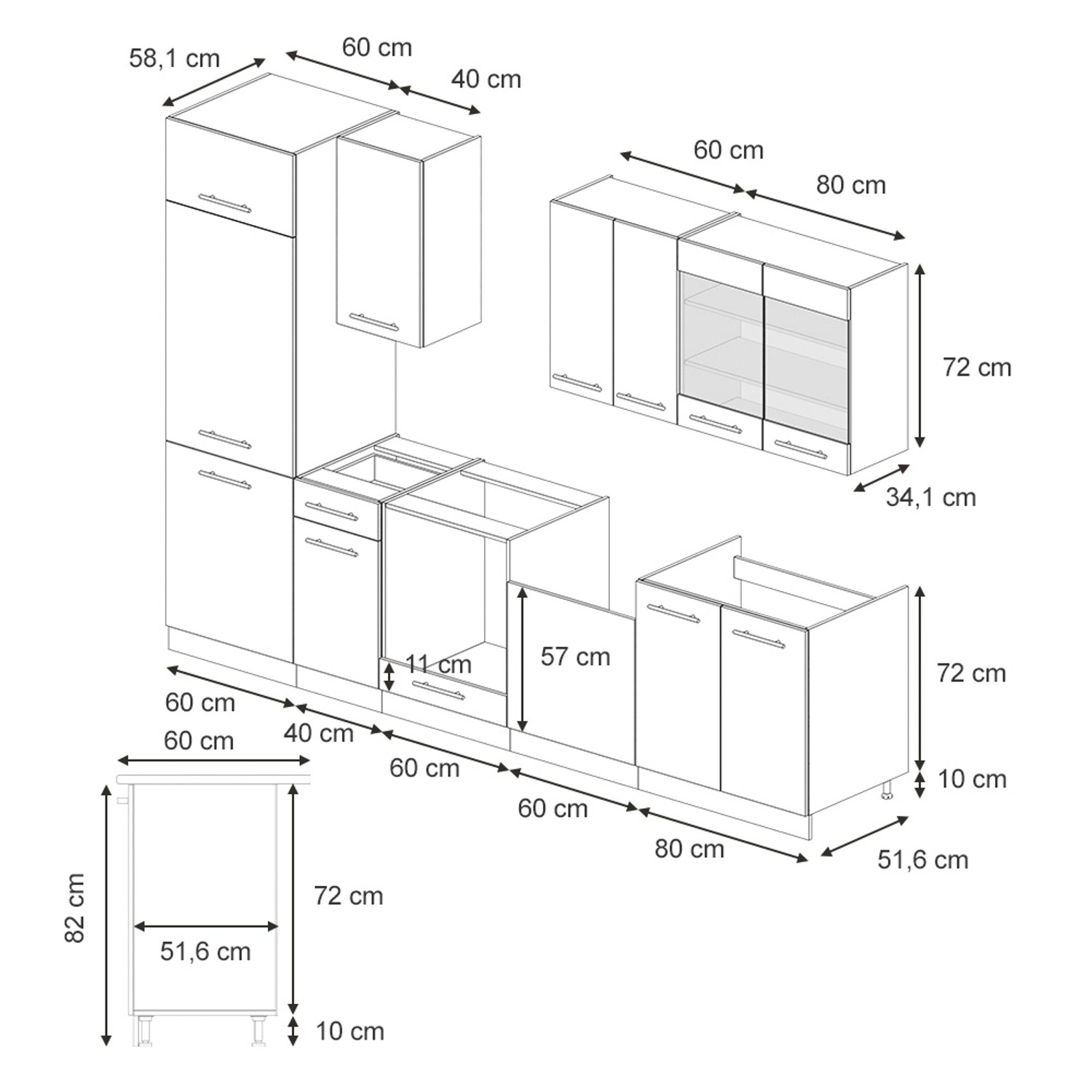 Skizze der Vicco Fame-Line Küchenzeile in Dunkelblau Hochglanz/Goldkraft Eiche, 300 cm, ohne Arbeitsplatte.