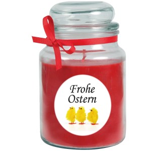 Duftkerze "Frohe Ostern" im Glas (Ø10cm) mit Küken-Motiv und rotem Band.