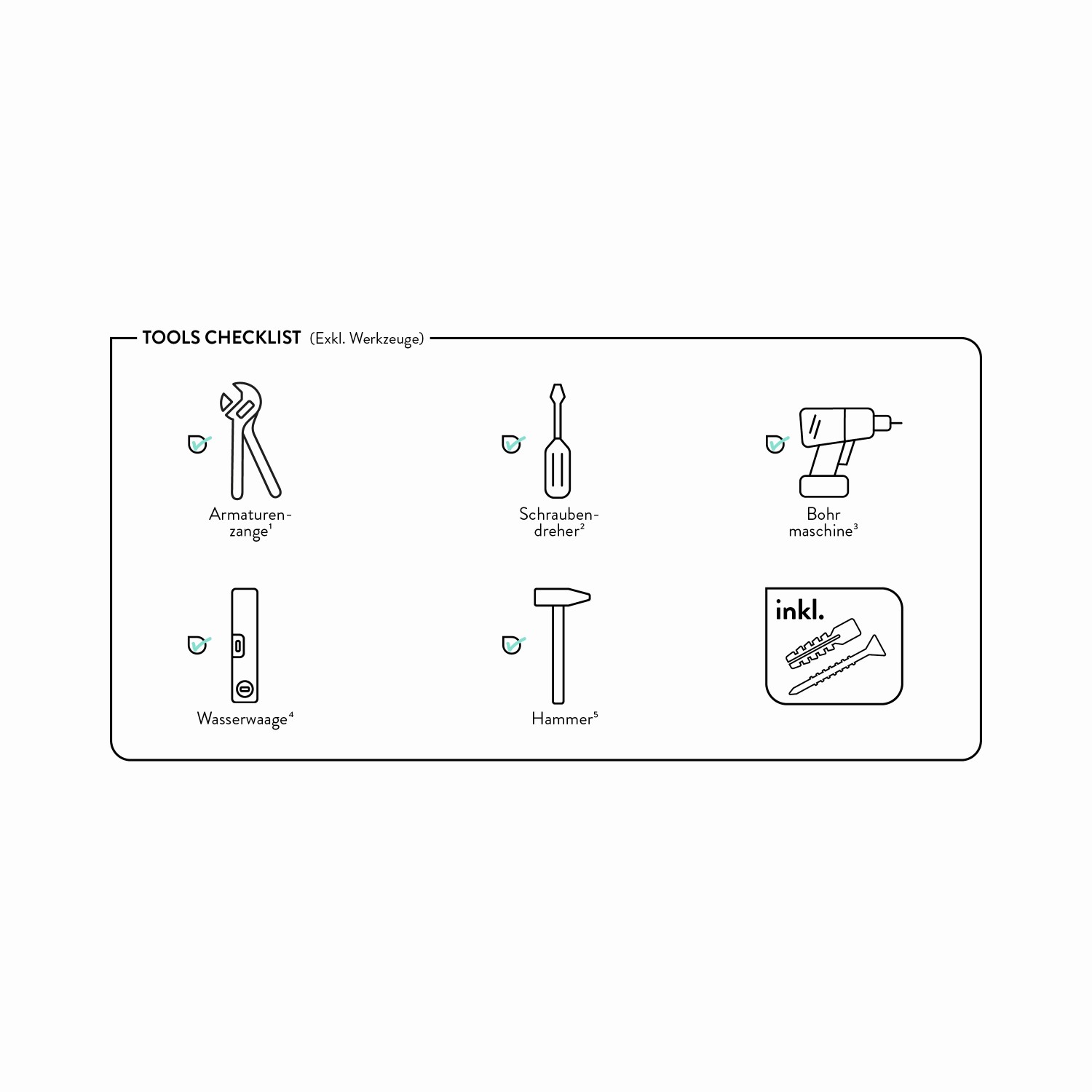 Benötigtes Werkzeug für die Montage des baliv Duschbrause-Sets: Schraubenschlüssel, Schraubendreher, Bohrmaschine, Wasserwaage, Hammer, Dübel.
