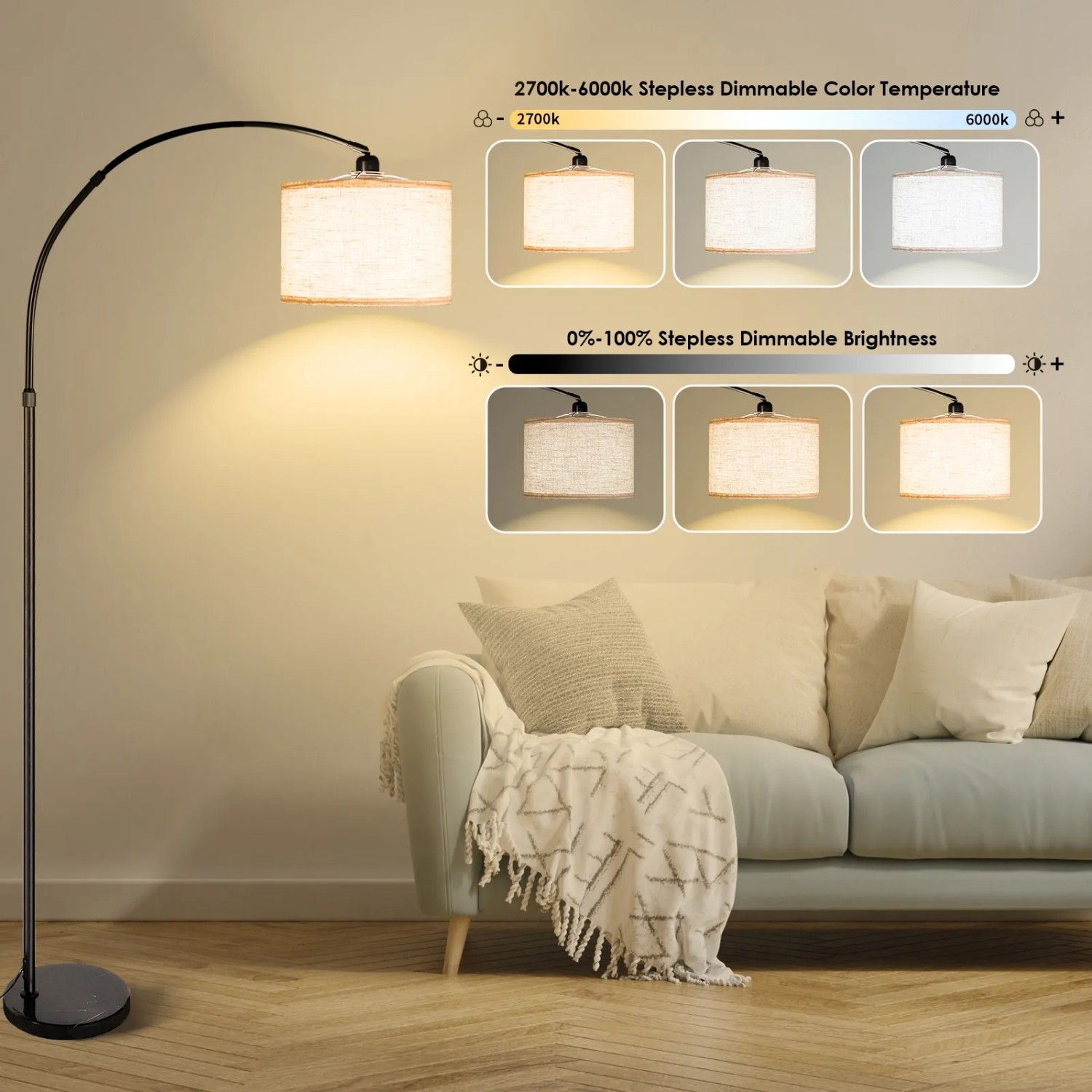CCLIFE Stehlampe Bogenlampe LED E27 60W Höhenverstellbar 165cm-175cm Beige_4