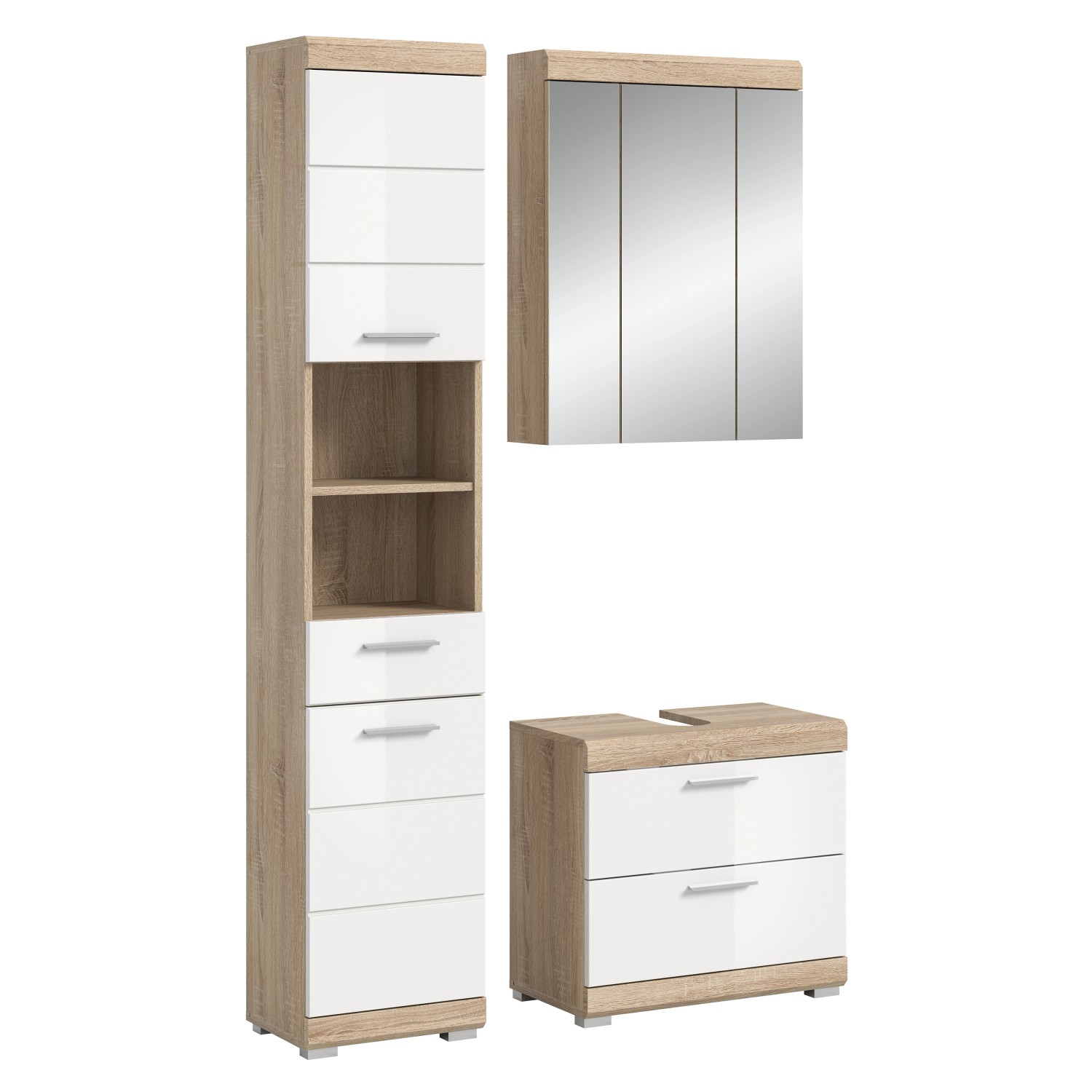 Badkombi Lambada m. Waschbeckenunterschrank Eiche Hell/Weiß Hochglanz 3-tlg.