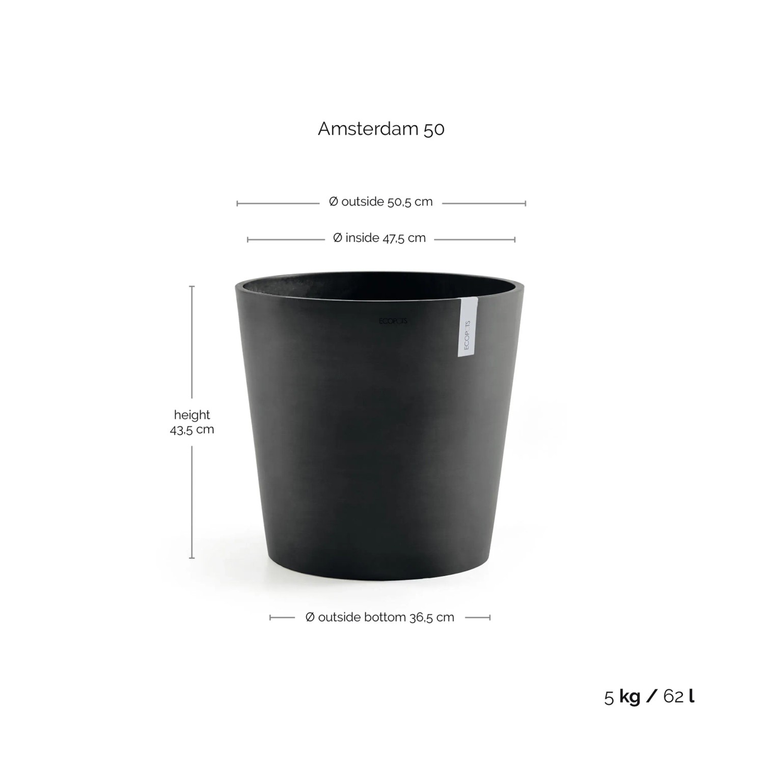 Dunkelgrauer Ecopots Pflanztopf Amsterdam, 50 cm. Ideal für Innen- und Außenbereich.